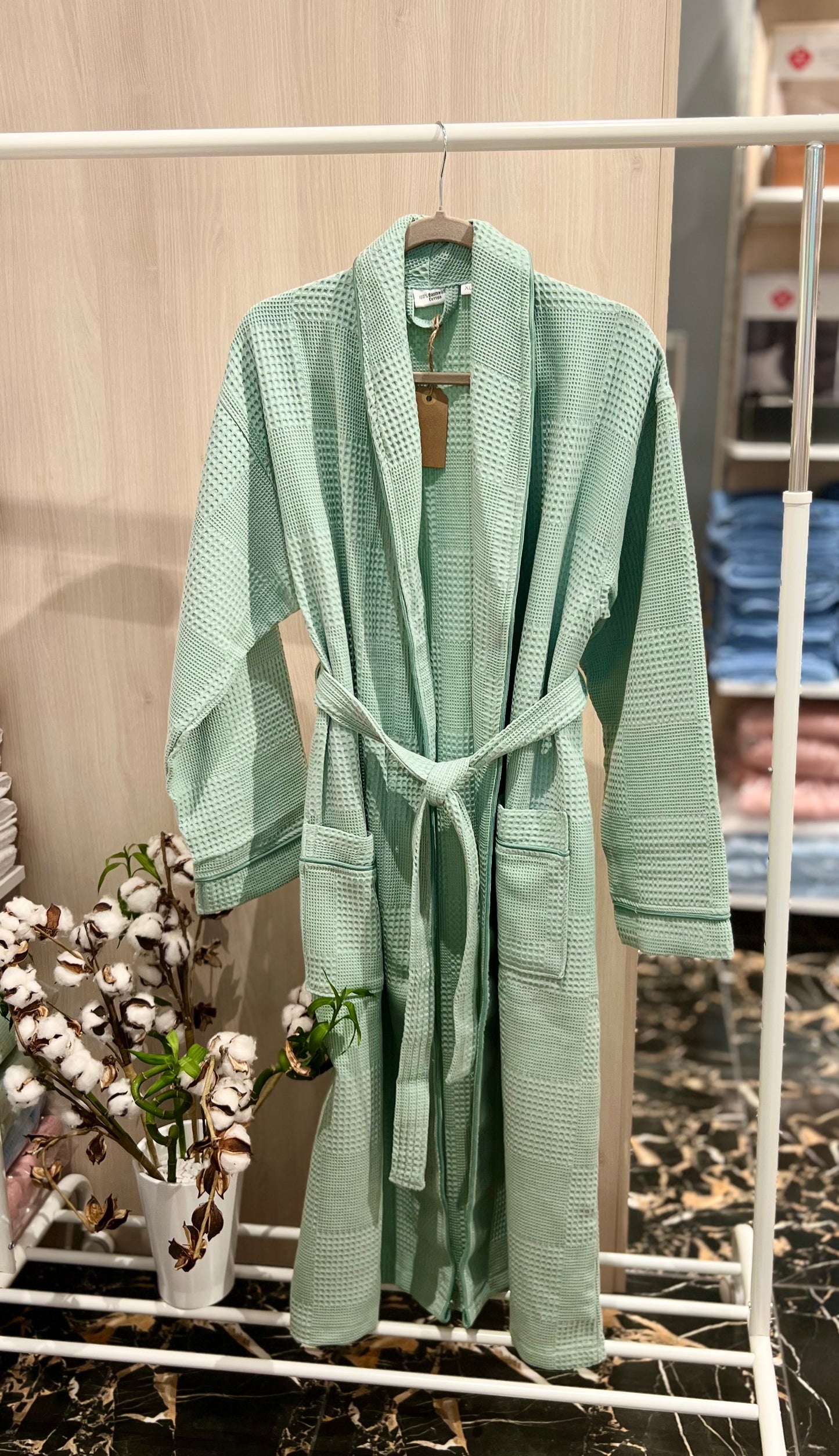 Waffle Cotton Bathrobe — Light Green (Size XL)