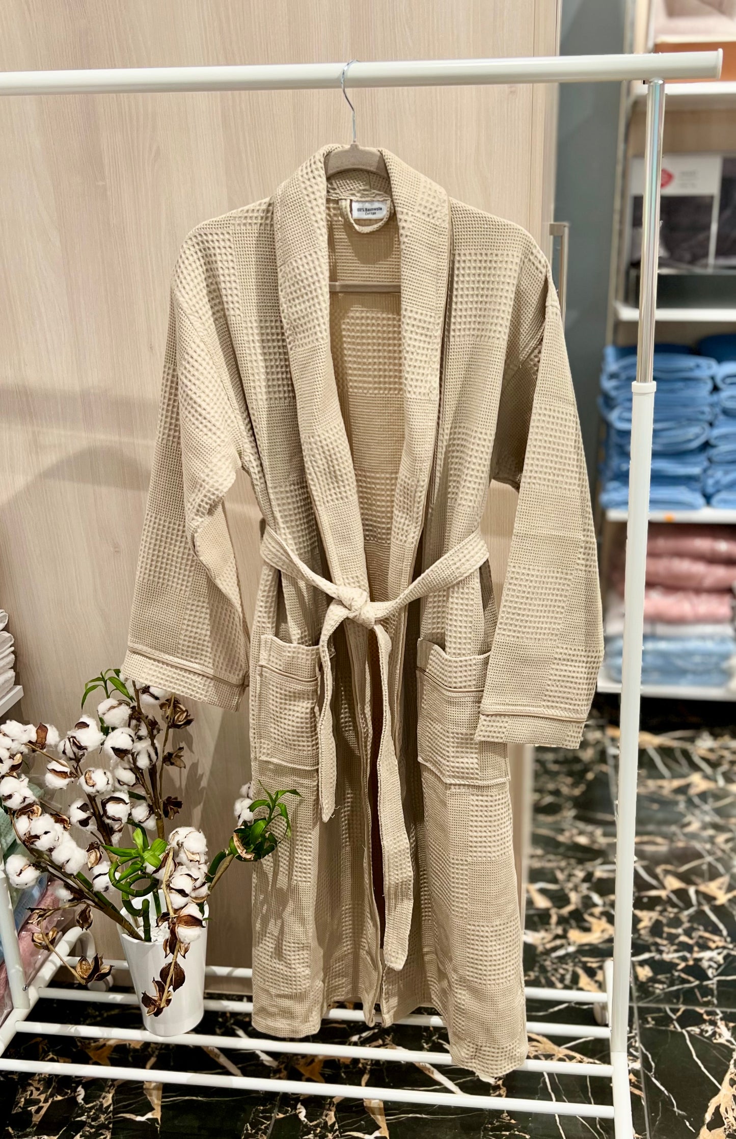 Waffle Cotton Bathrobe — Beige (Size XL)