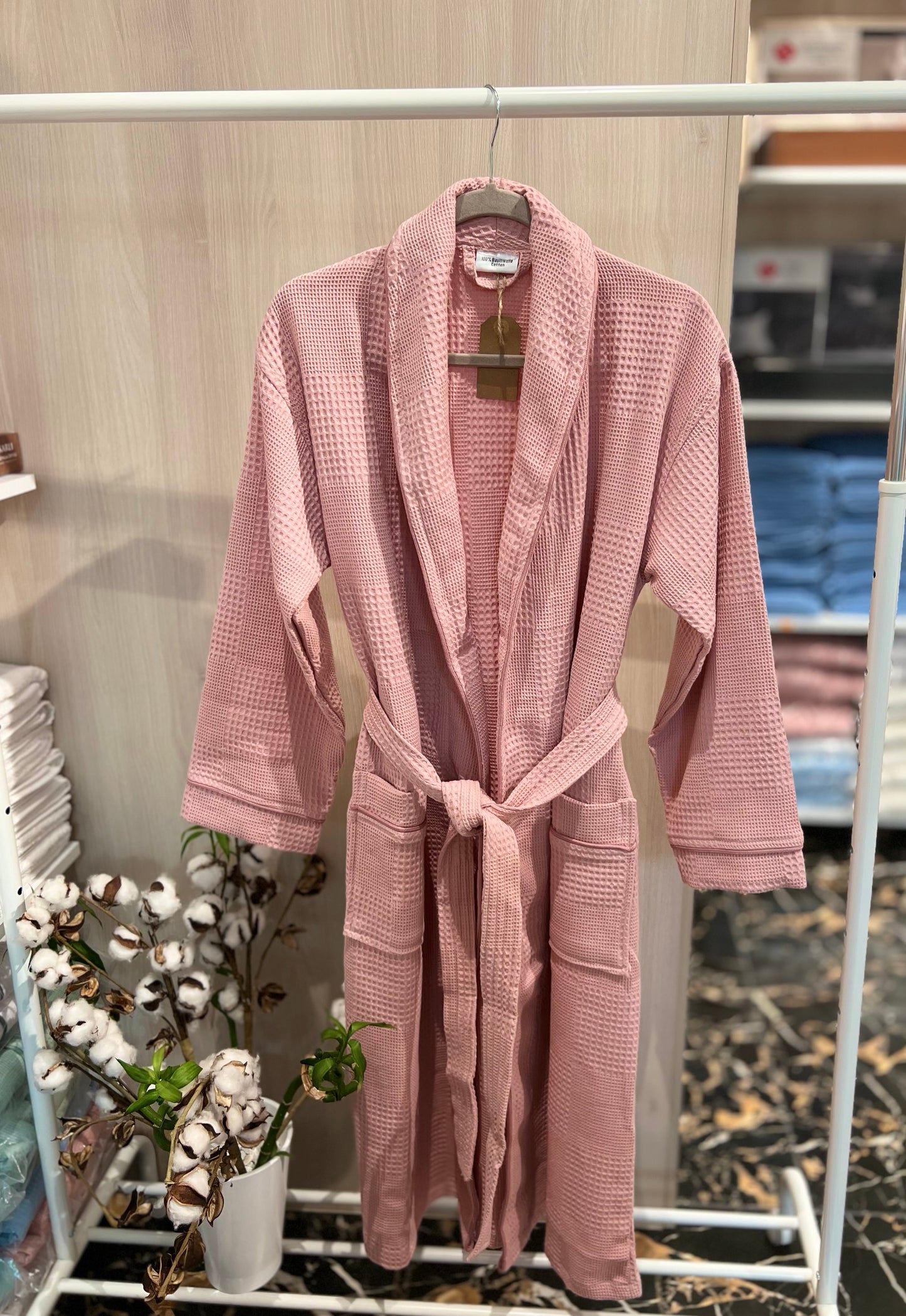 Waffle Cotton Bathrobe — Light Pink (Size L)