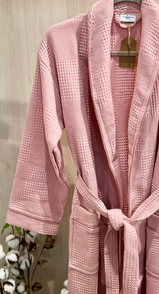 Waffle Cotton Bathrobe — Light Pink (Size L)