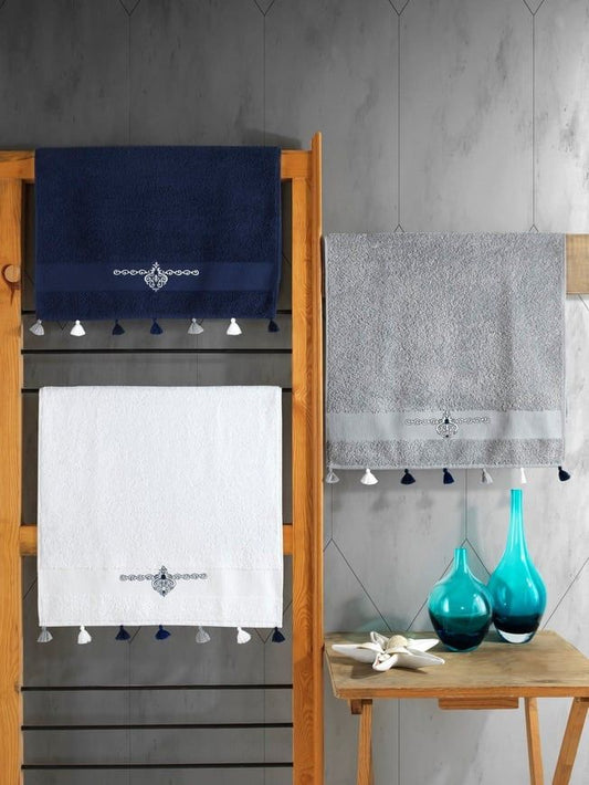Tassel Hand Towel Set (Dark Blue, White & Gray)