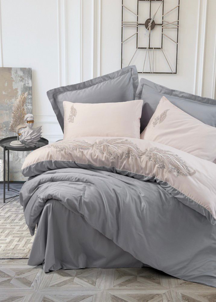 Cotton Box Brode Saten Sheen Gri Bedding Set (Euro Size)
