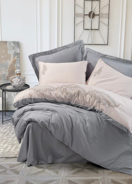 Cotton Box Brode Saten Sheen Gri Bedding Set (Euro Size)