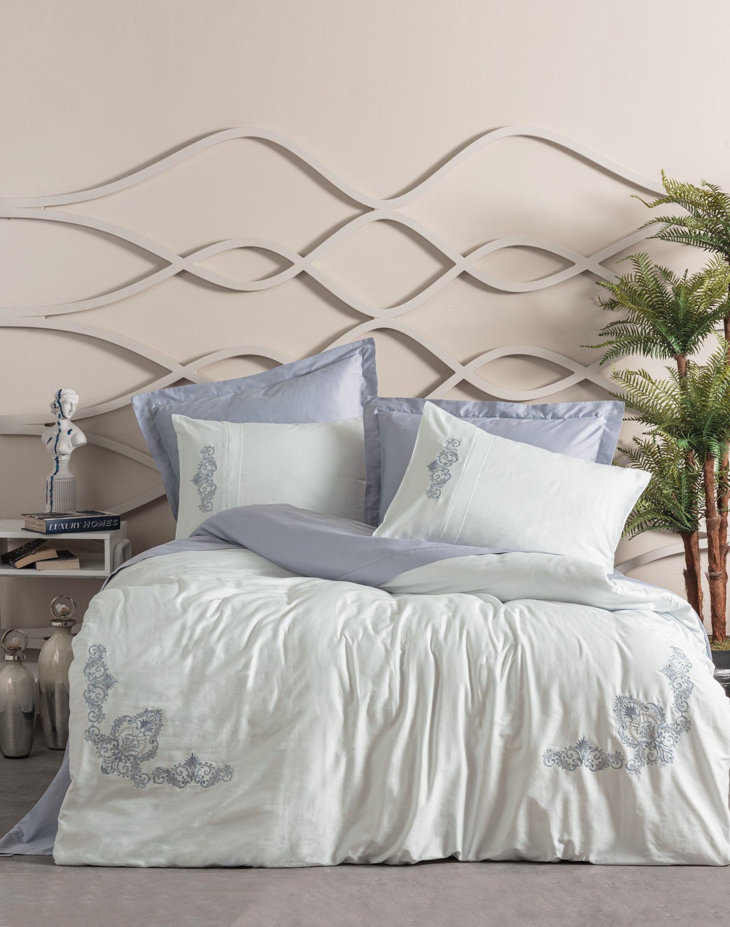 Cotton Box Brode Saten Biana Gri Bedding Set (Euro Size)