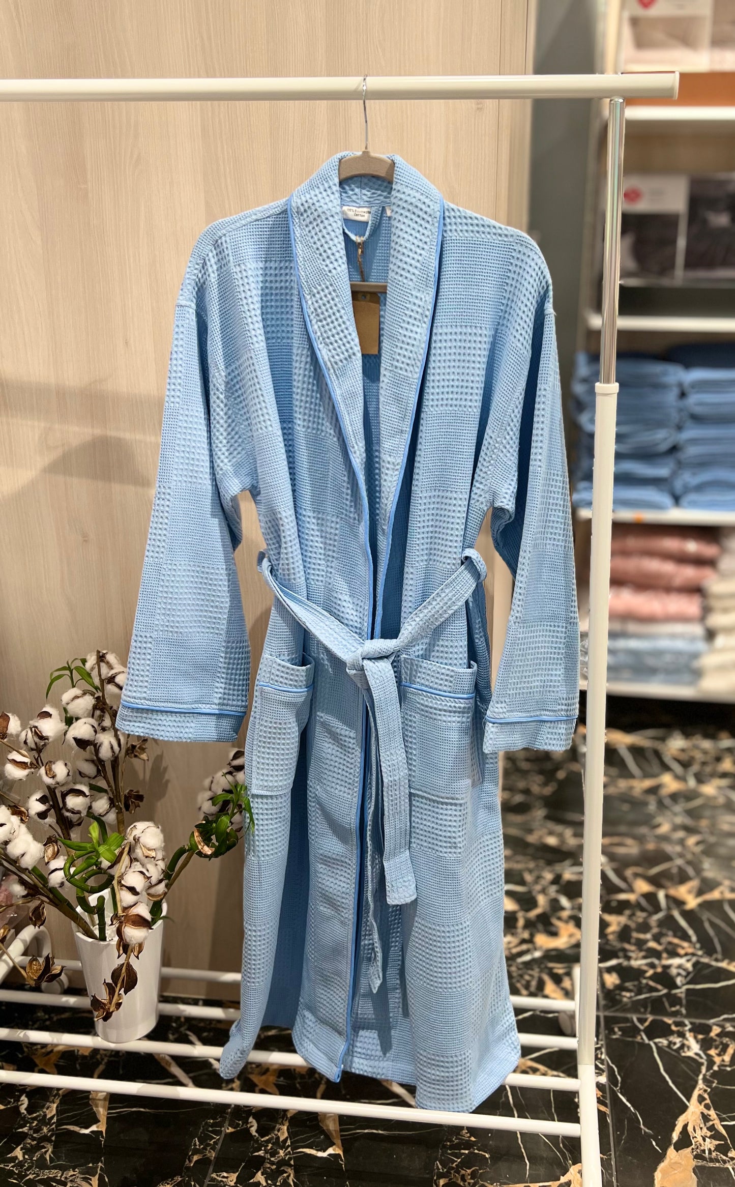 Waffle Cotton Bathrobe — Light Blue (Size XL)