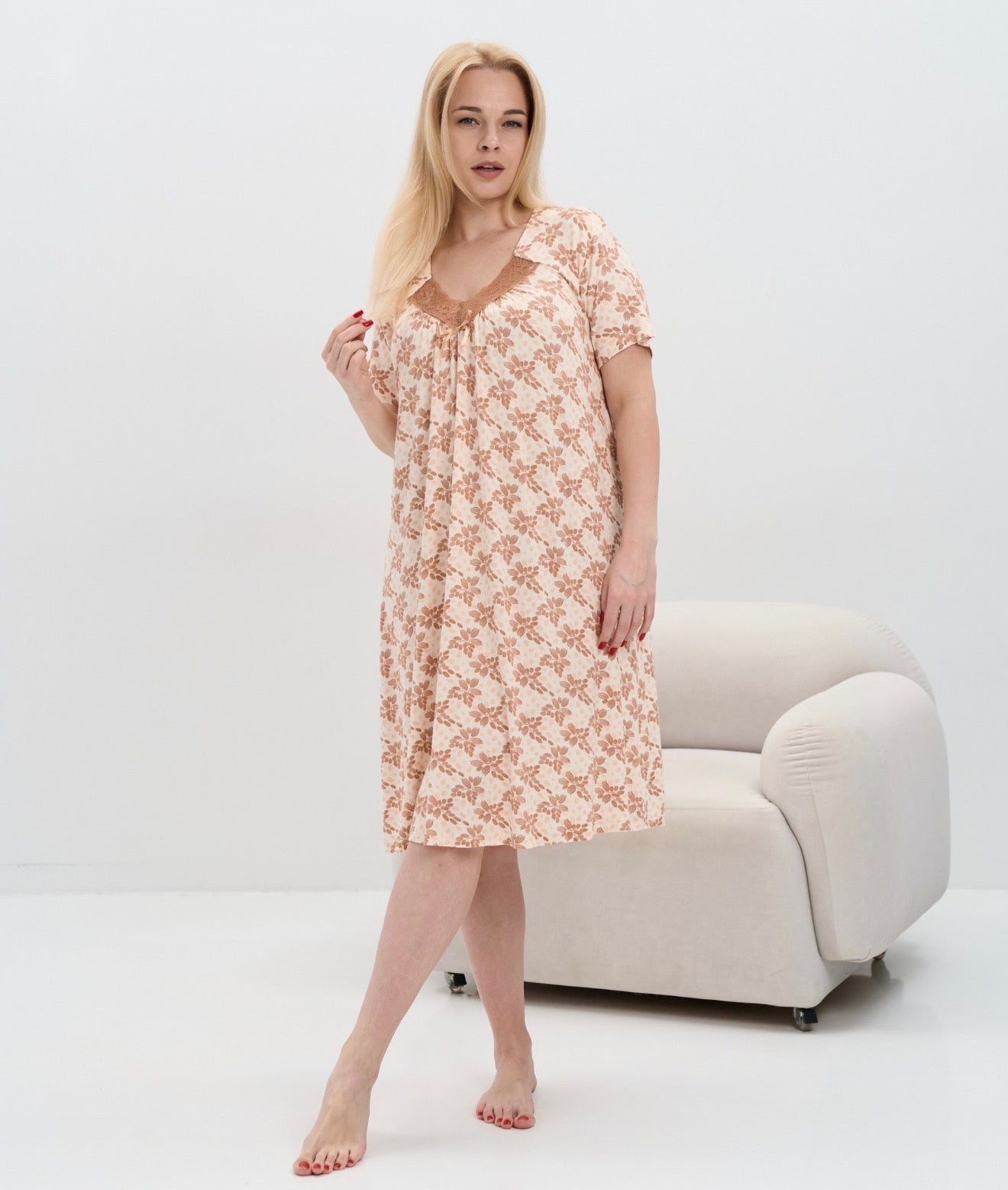 Viscose Nightdress with Sleeves Plus Size – Patterned Design