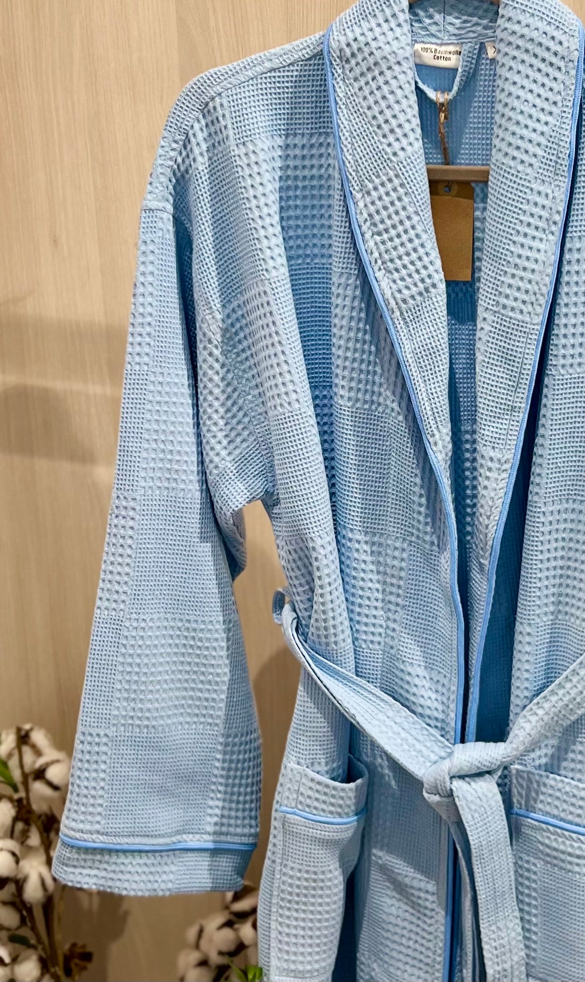 Waffle Cotton Bathrobe — Light Blue (Size XL)