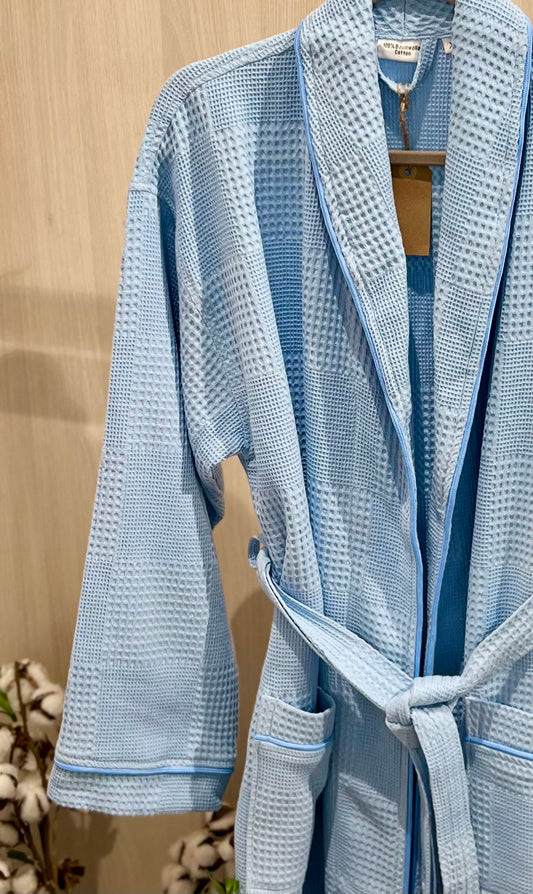 Waffle Cotton Bathrobe — Light Blue (Size XL)