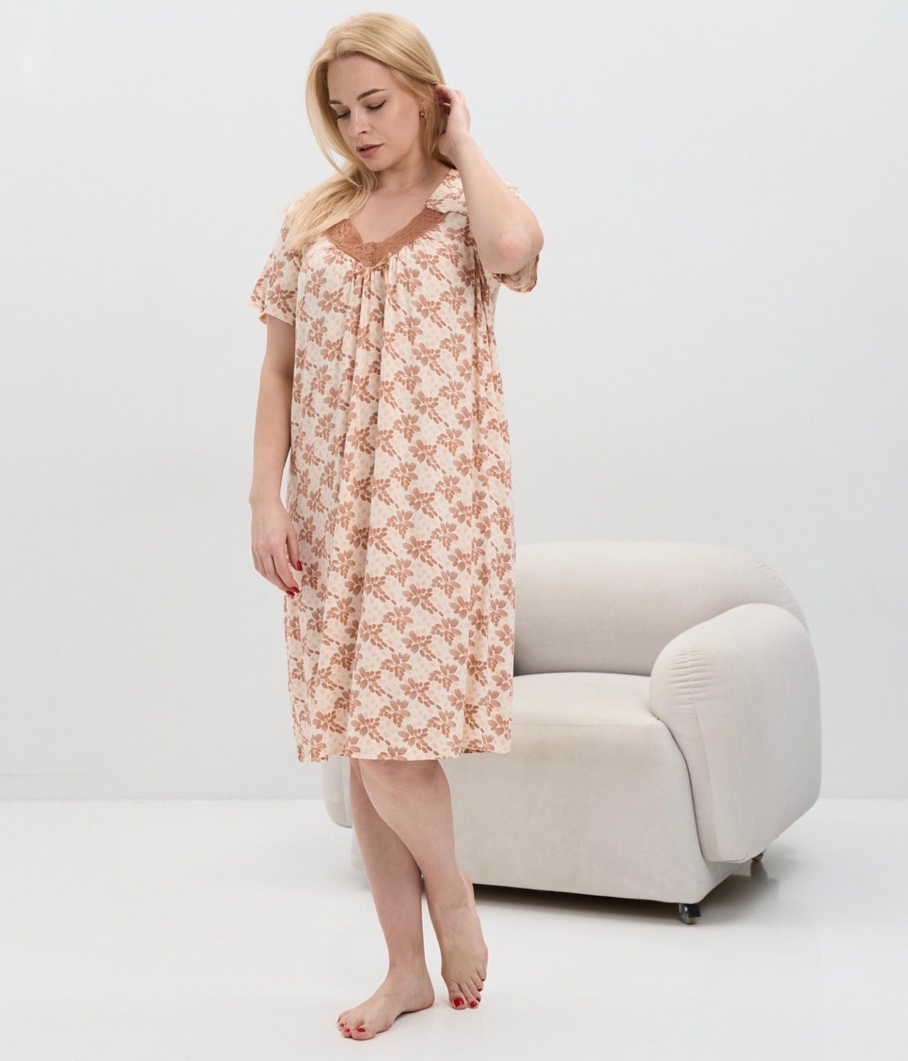Viscose Nightdress with Sleeves Plus Size – Patterned Design